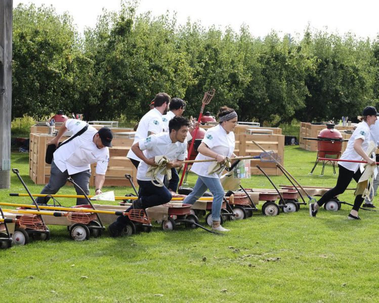 Top Chef competitors race through the fruit loop in hood river before picking fresh fruit for their cooking challenge