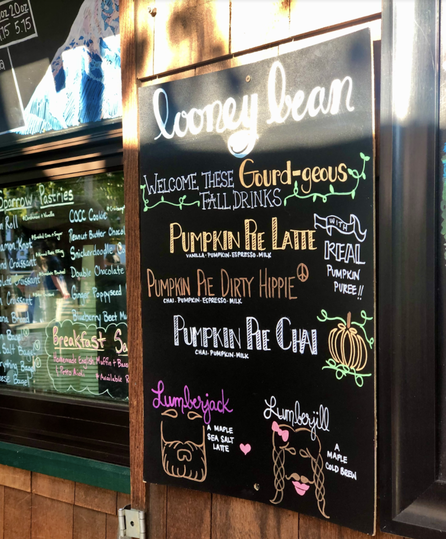Menu outside of Looney Bean coffee shop in Bend Oregon that features a pumpkin chai drink