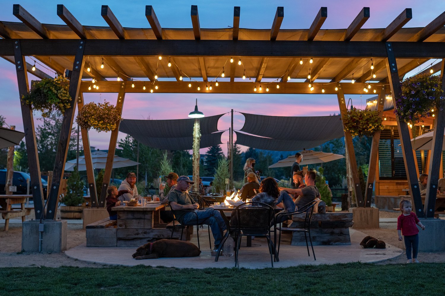 Group of diners sit under a pergola draped with string lights, gathered around a fire pit with the evening sky turning purple and pink