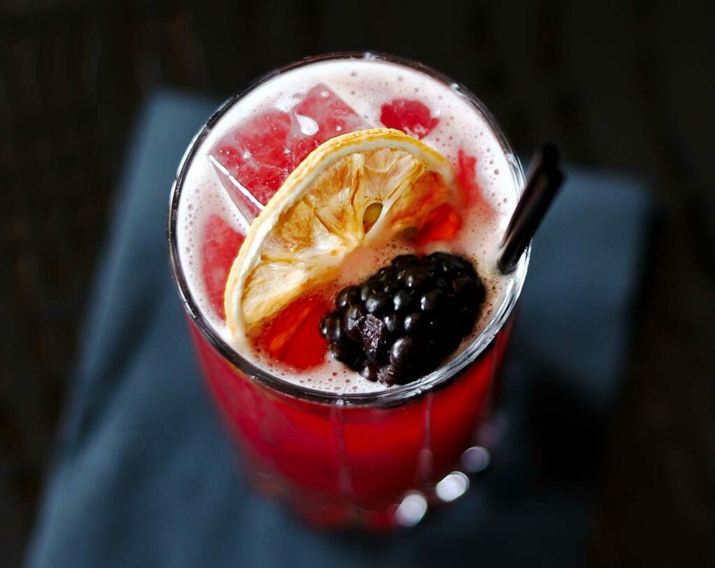 Overlooking top of a glass with red-violet colored cocktail and dehydrated lemon slice and fresh blackberry