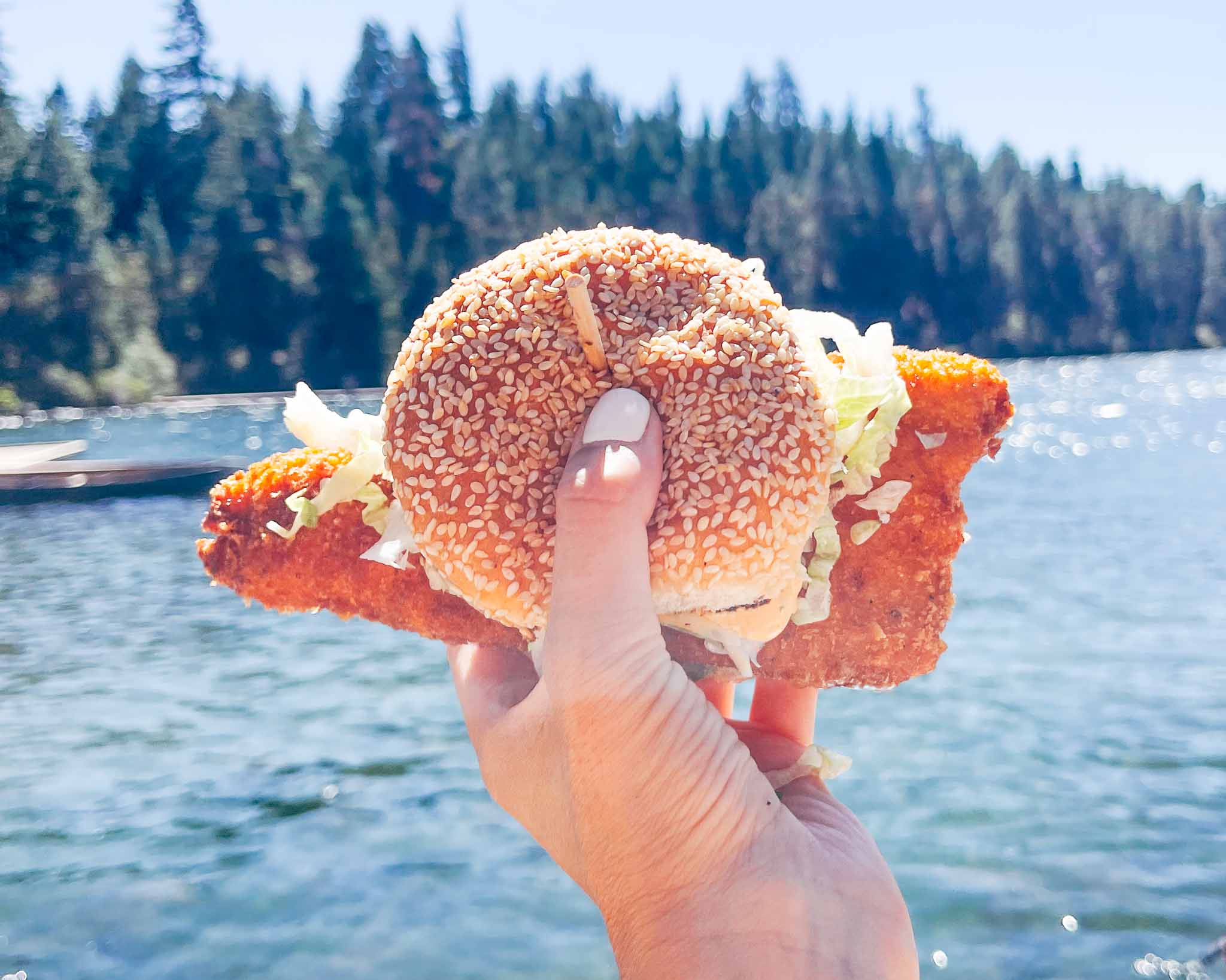 Hand holds a bun with sesame seeds, sandwiching a large piece of fried fish, with the lake in the background