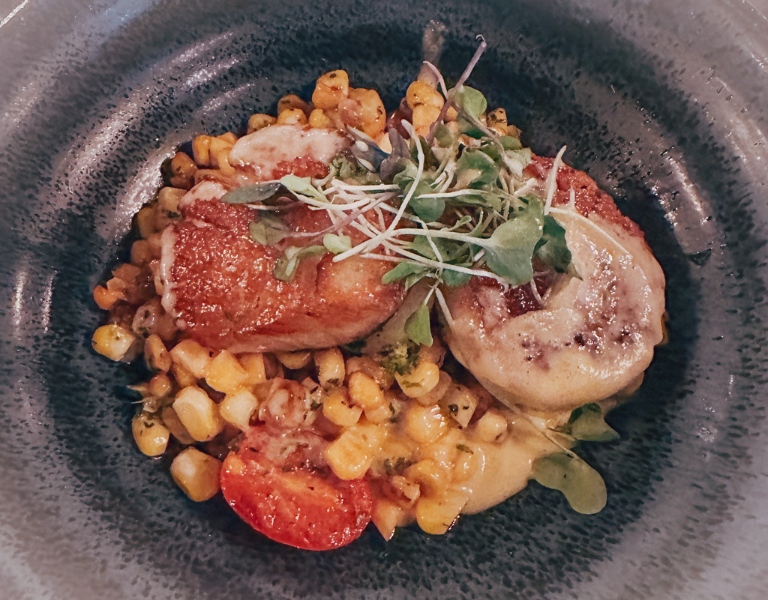 plate of seared scallops over roasted corn