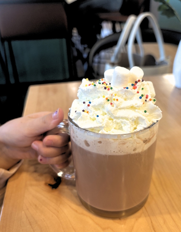 kids hot cocoa with whipped cream and sprinkles in bend