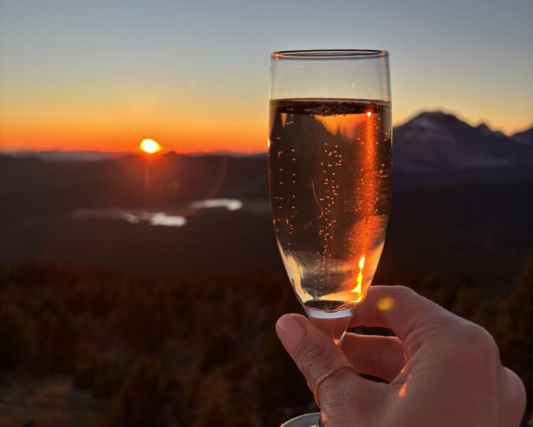 champagne cheers at sunset on mt bachelor