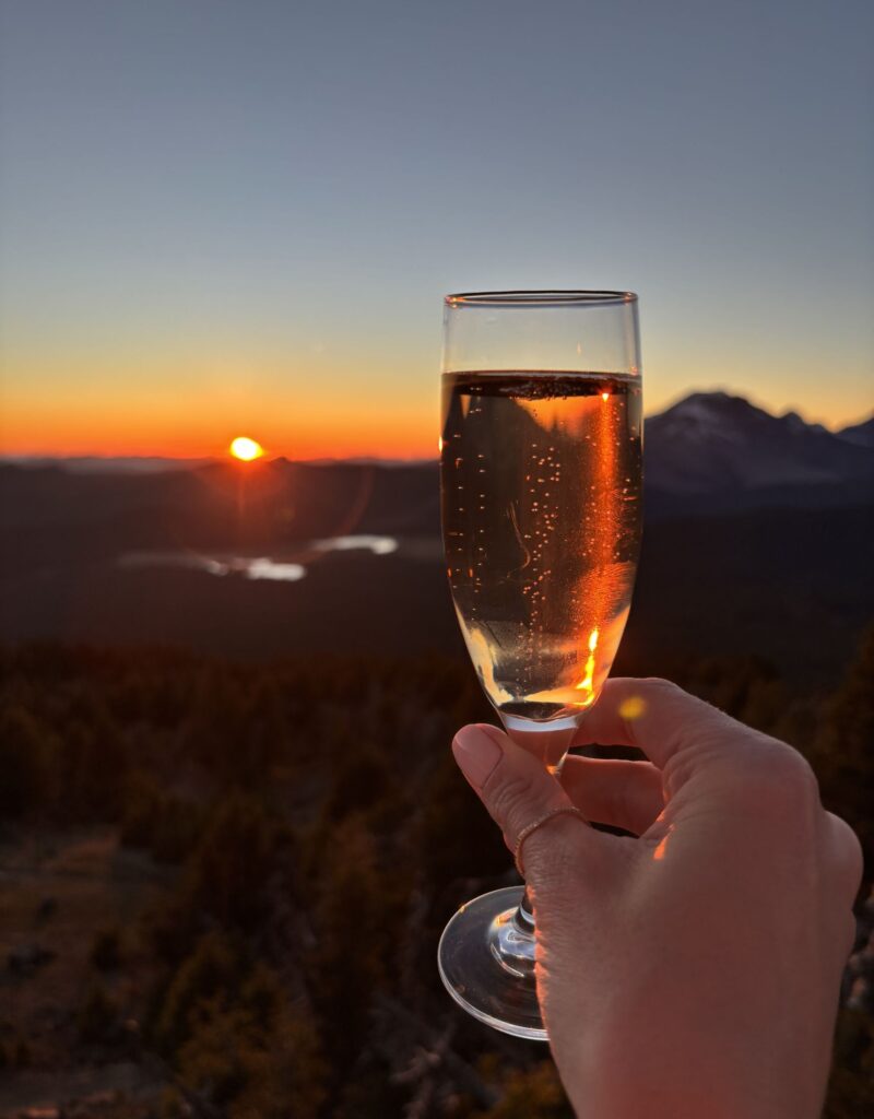 champagne cheers at sunset on mt bachelor